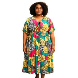 Magic 1X Women's Green Long Maxi BOHO Short Sleeves Sun Dress Plus Size 14W 16W